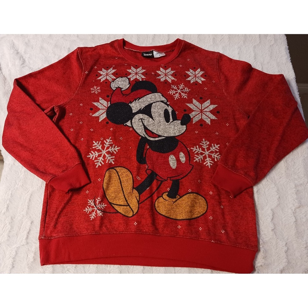 Disney Mickey Mouse Christmas Red Graphic Pullover Sweatshirt Polyester Large